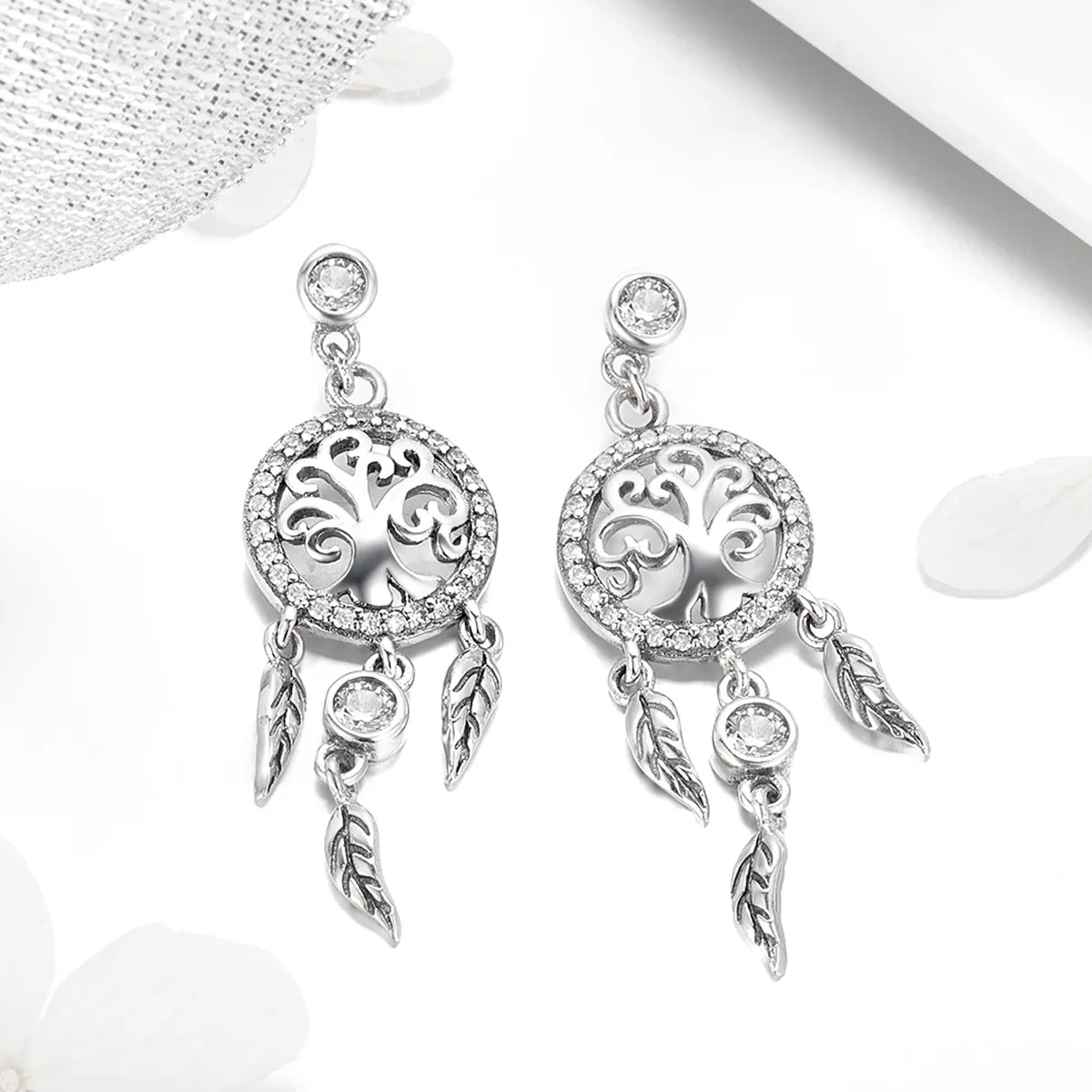 Silver Life Tree & Dream Catcher Hanging Earrings - PANDORA Style - SCE457