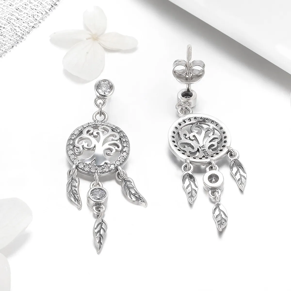 Silver Life Tree & Dream Catcher Hanging Earrings - PANDORA Style - SCE457