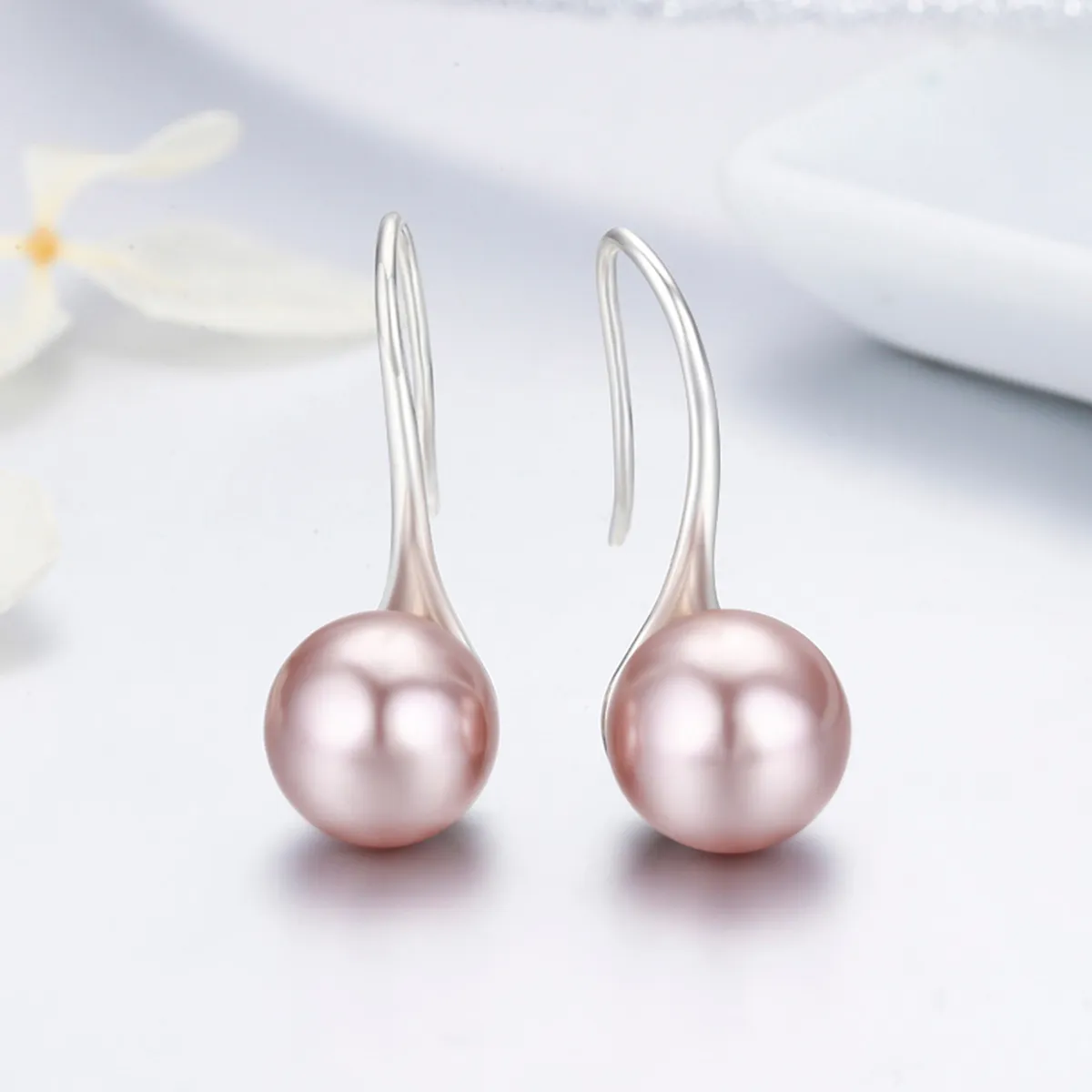 Silver Pink Pearl Hanging Earrings - PANDORA Style - SCE145