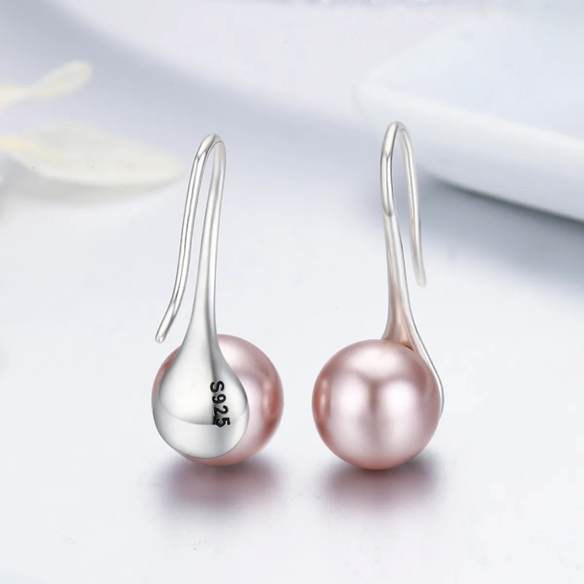 Silver Pink Pearl Hanging Earrings - PANDORA Style - SCE145