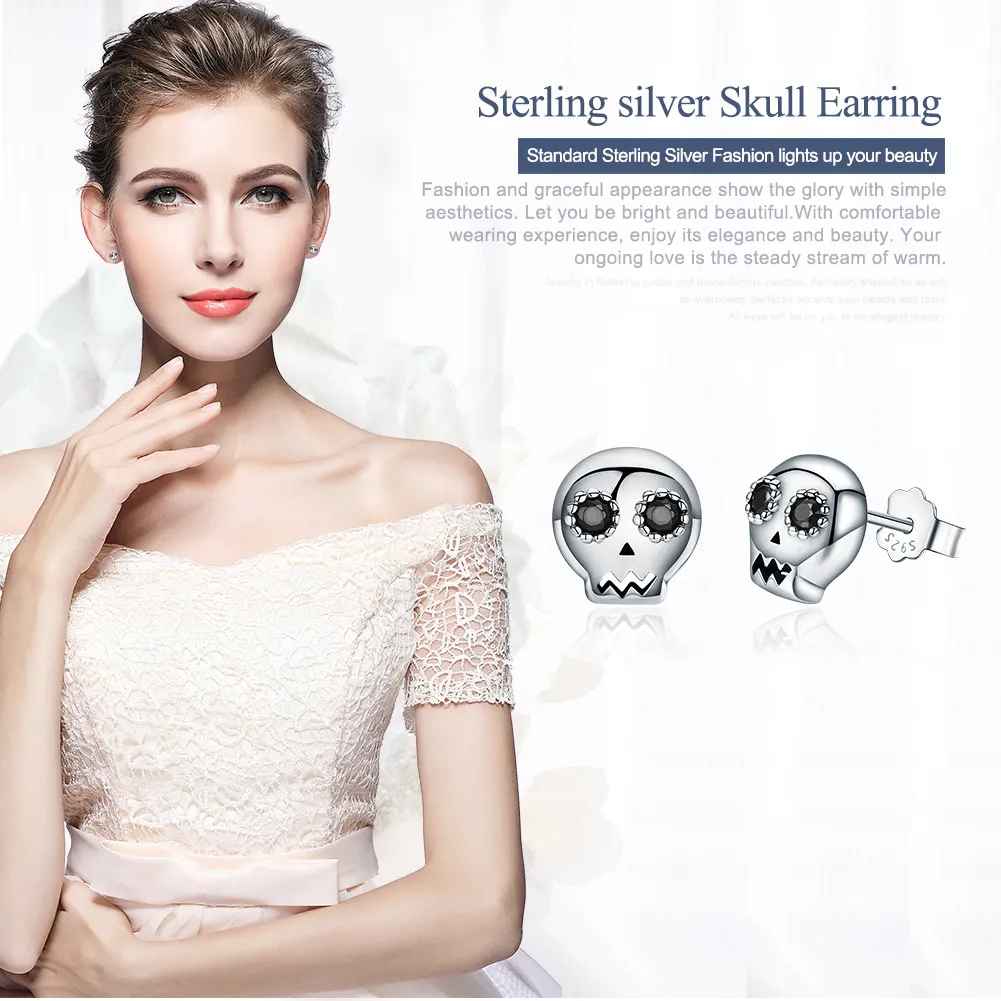 Silver Skull Stud Earrings - PANDORA Style - SCE064