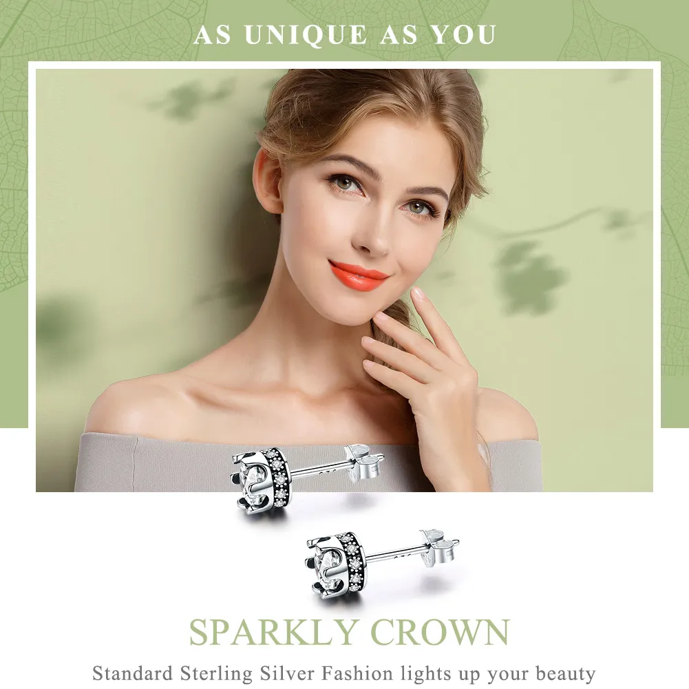 Silver Sparkly Crown Stud Earrings - PANDORA Style - SCE311