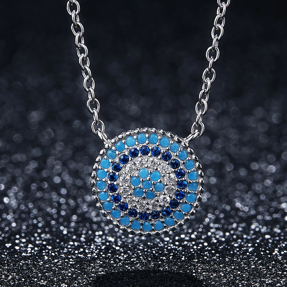 Silver Blue Circle Necklace - PANDORA Style - SCN099