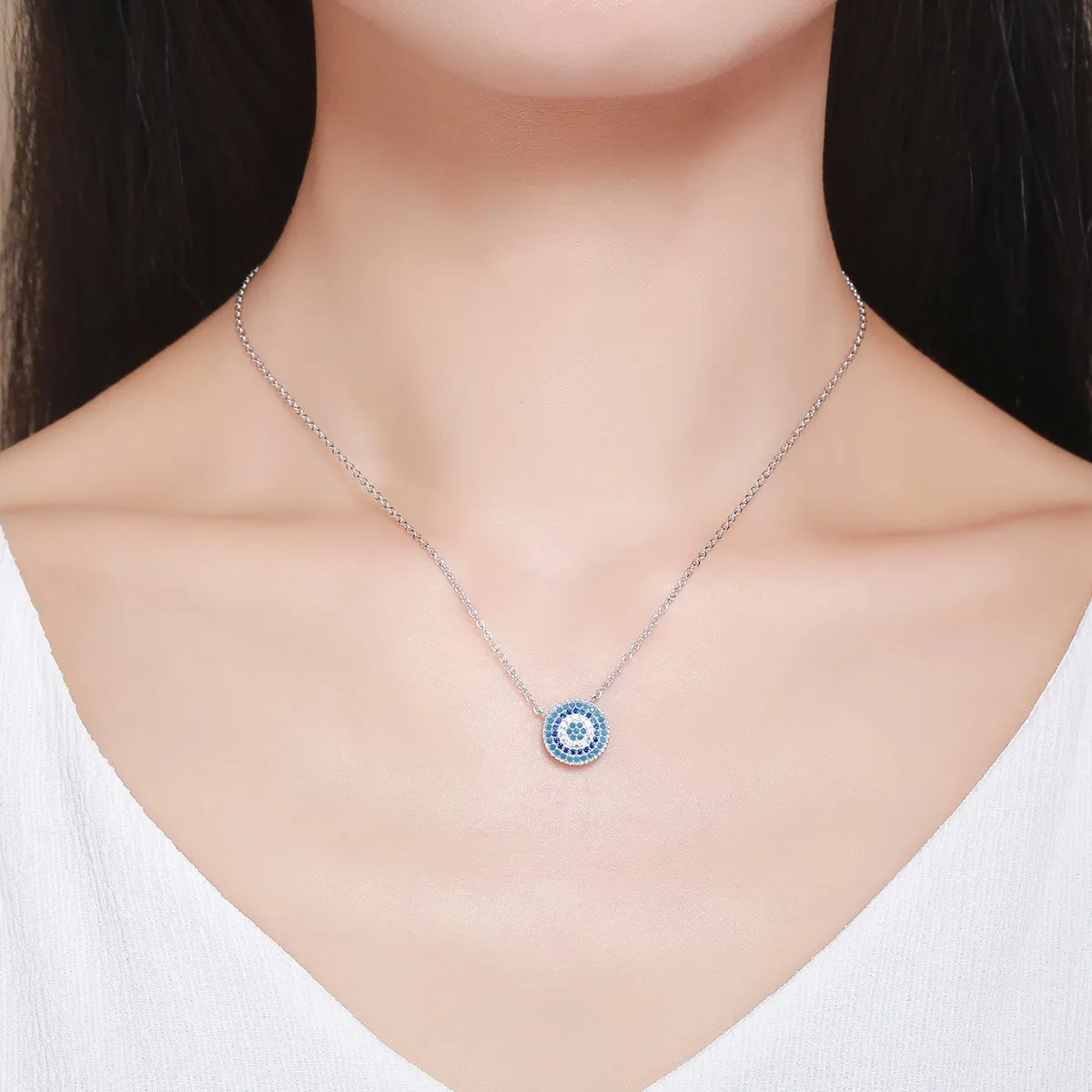 Silver Blue Circle Necklace - PANDORA Style - SCN099