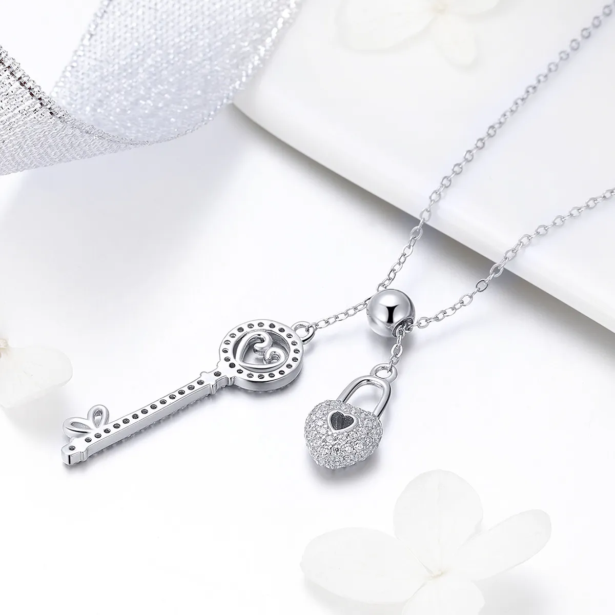 Silver Key of Heart Lock Necklace - PANDORA Style - SCN290