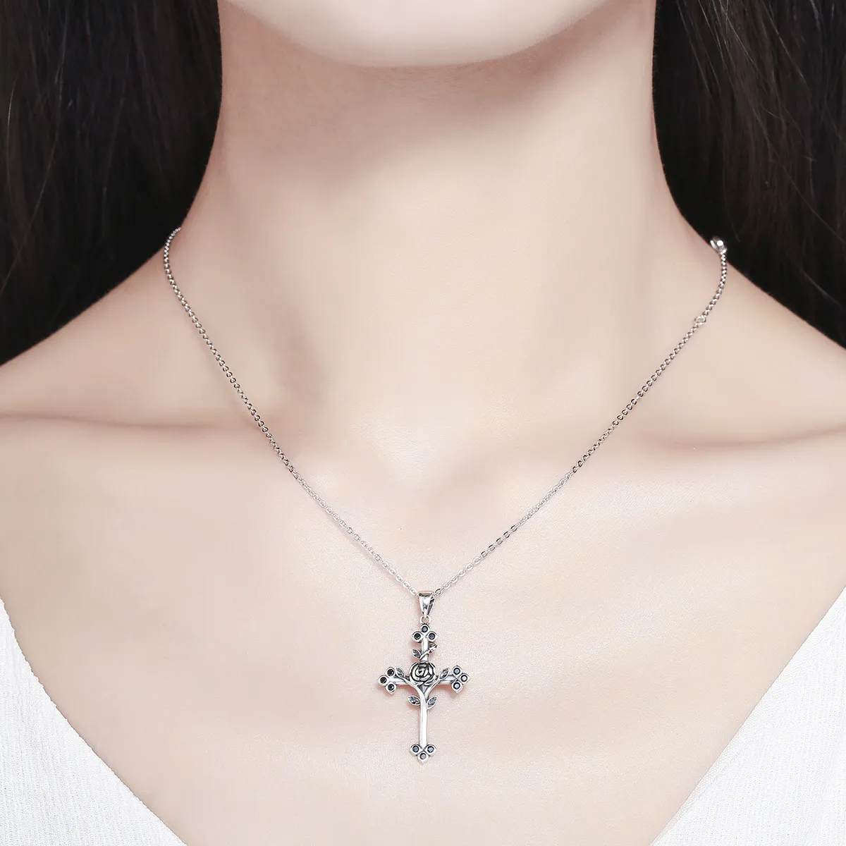 Silver Rose Cross Necklace - PANDORA Style - SCN091