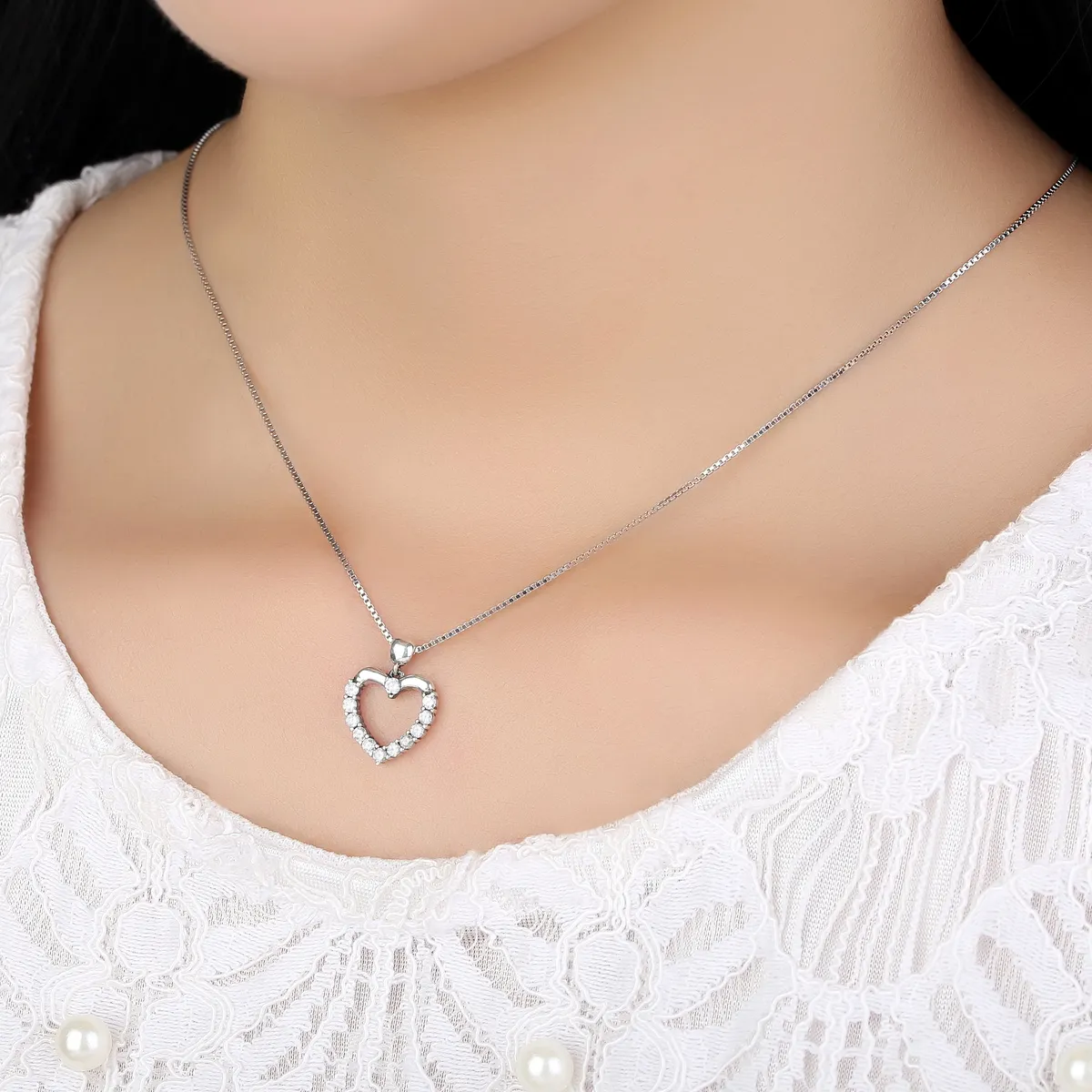 Silver Sparkle Heart Necklace - PANDORA Style - SCN025