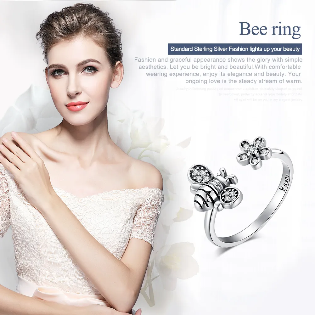 Silver Bee and Flower Ring - PANDORA Style - SCR086