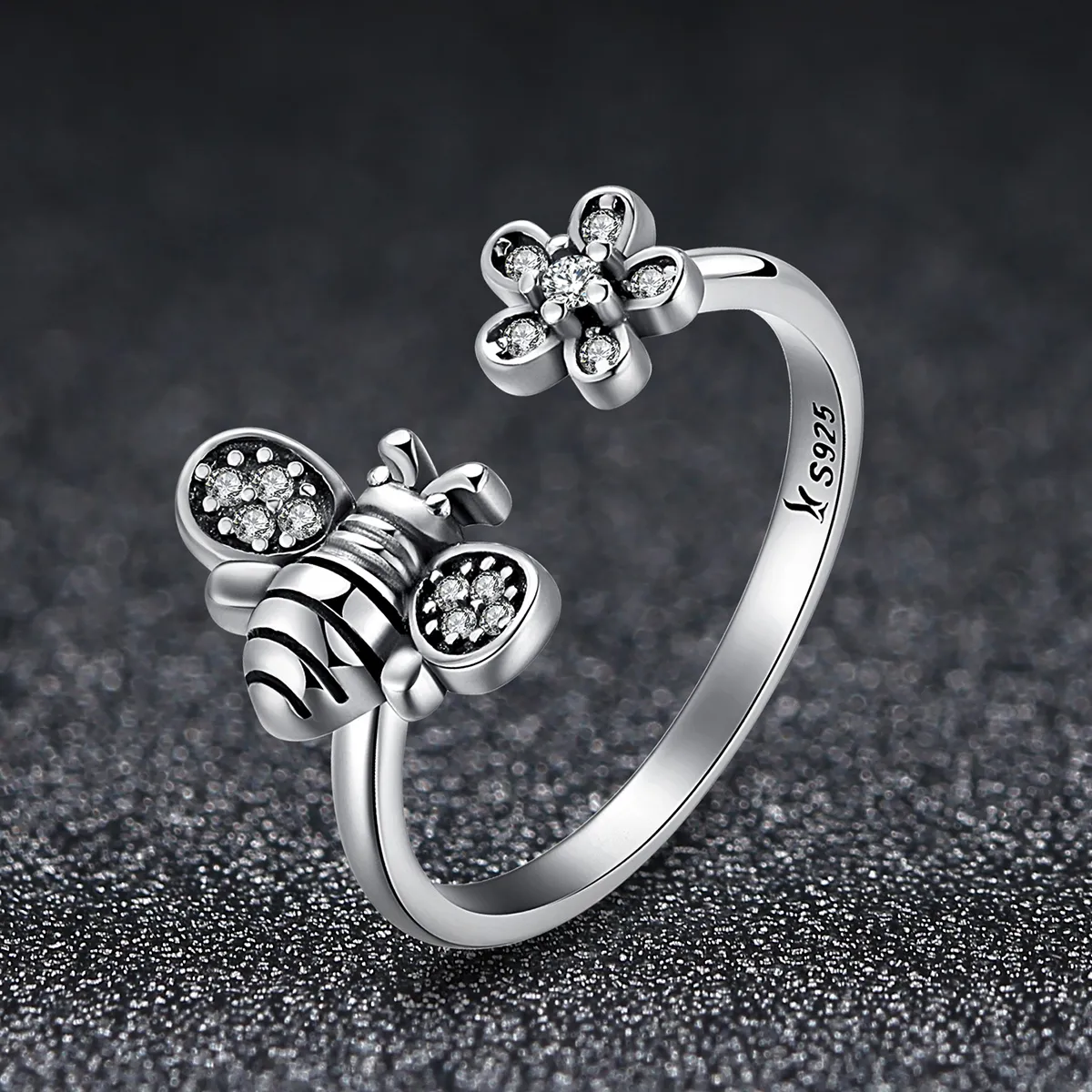 Silver Bee and Flower Ring - PANDORA Style - SCR086