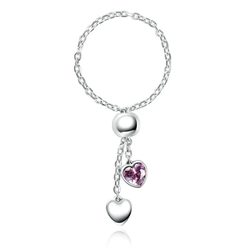 Silver Pink Heart Chain Ring - PANDORA Style - SCR015