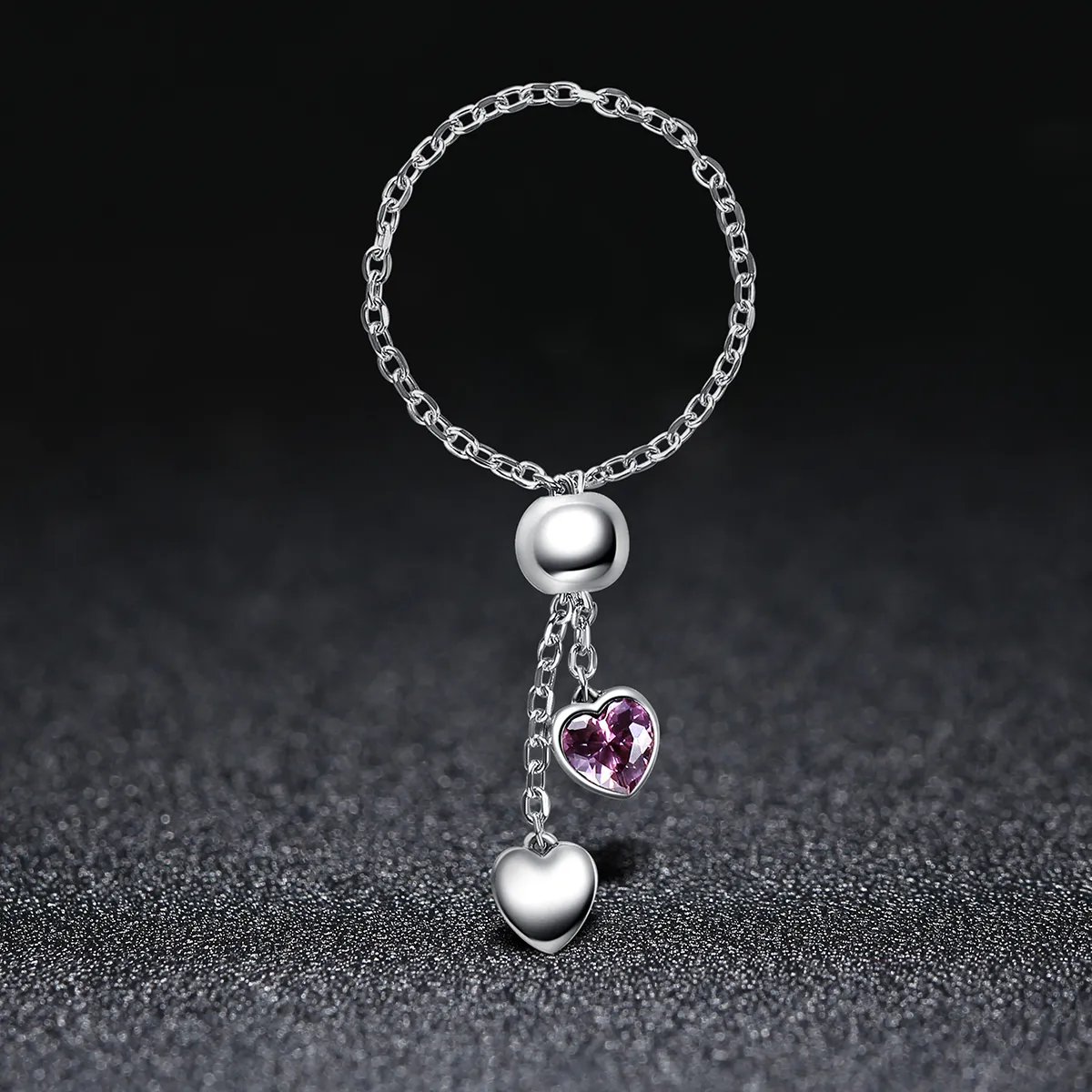 Silver Pink Heart Chain Ring - PANDORA Style - SCR015